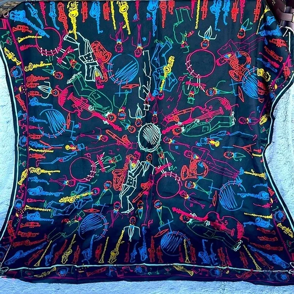 Vintage Perry Ellis Music Mardi Gras Square Silk Scarf - Picture 2 of 8